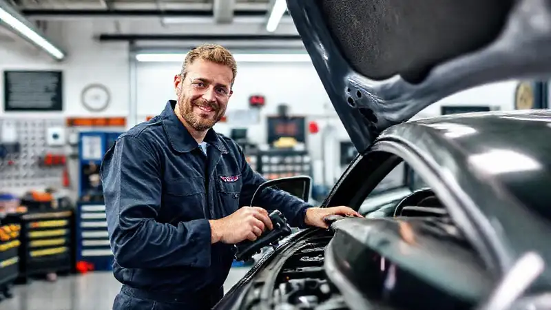 El mecánico diagnostica un coche profesionalmente
