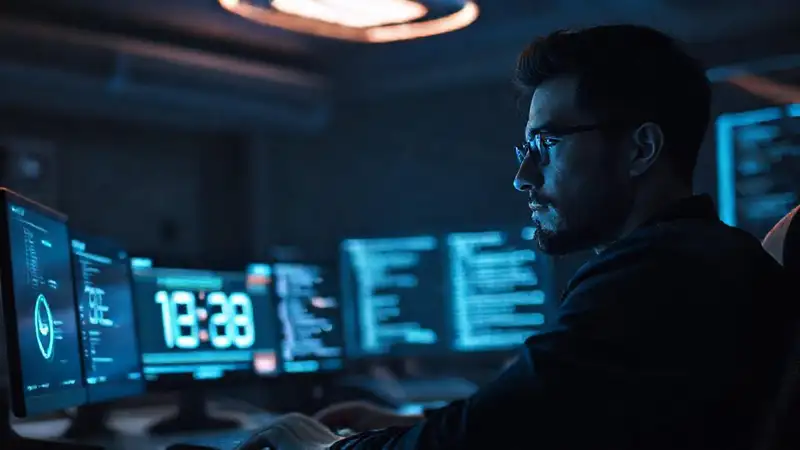 Programador trabaja en oficina futurista