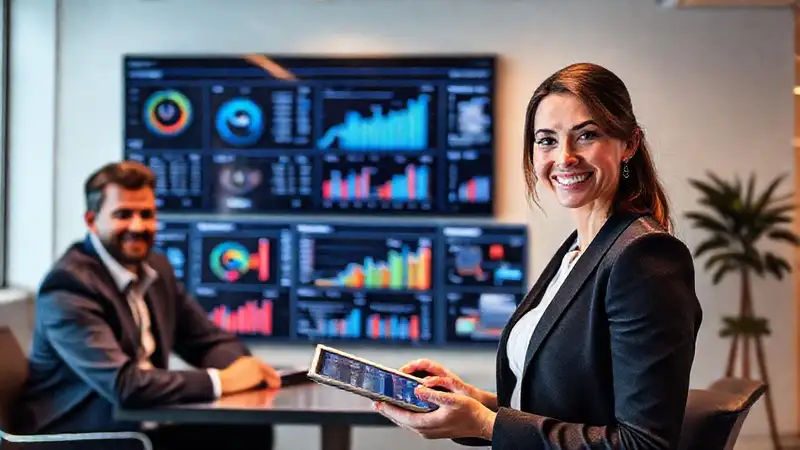 Una ejecutiva presenta datos visuales con éxito