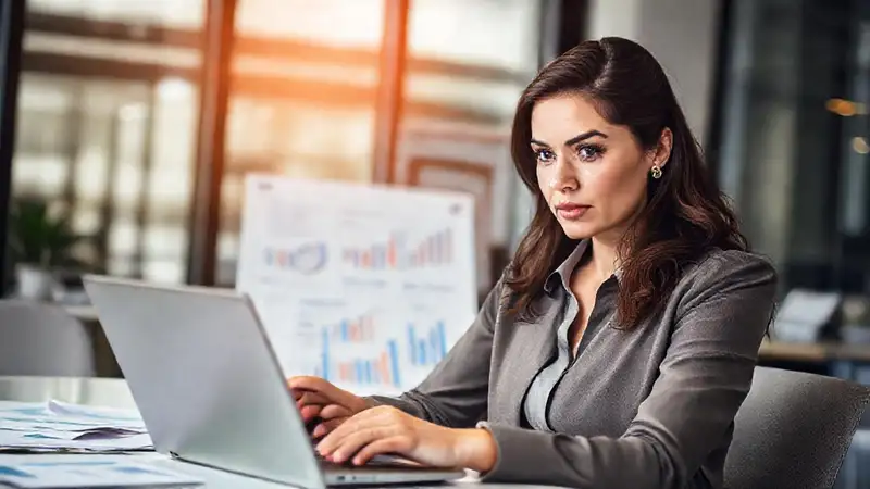 Una mujer profesional analiza finanzas estratégicas
